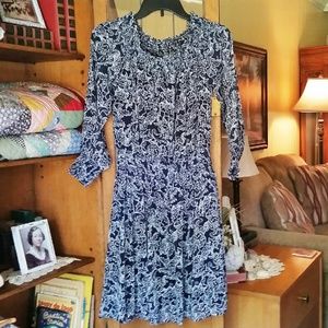 Final Price : Navy and White Print Dress with Smocking NWOT